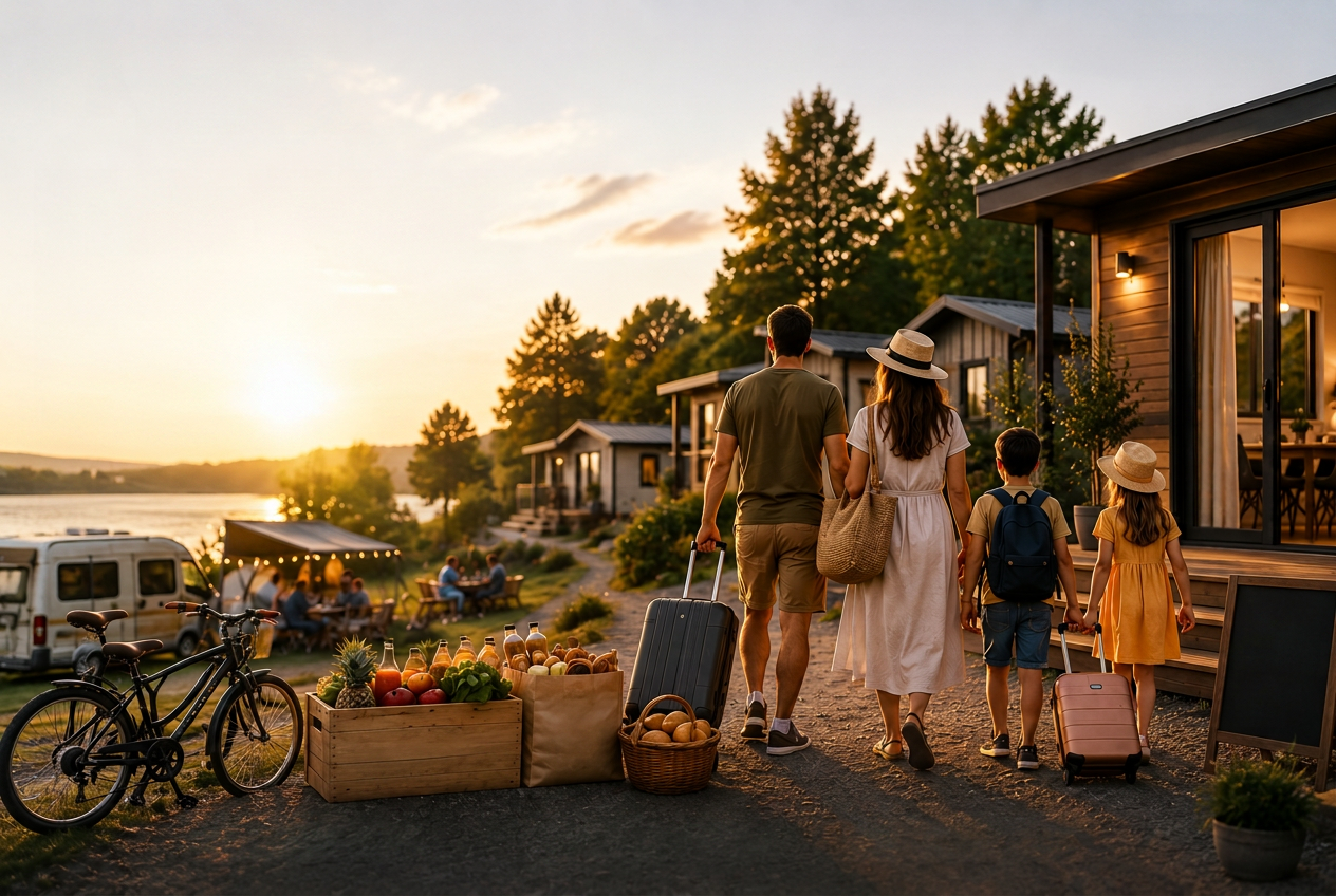 Familie erreicht ein Luxus-Ferienhaus in den Bergen